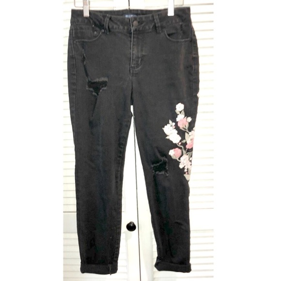 Blue Spice Denim - Blue Spice Black Distressed skinny floral embroidery Jeans